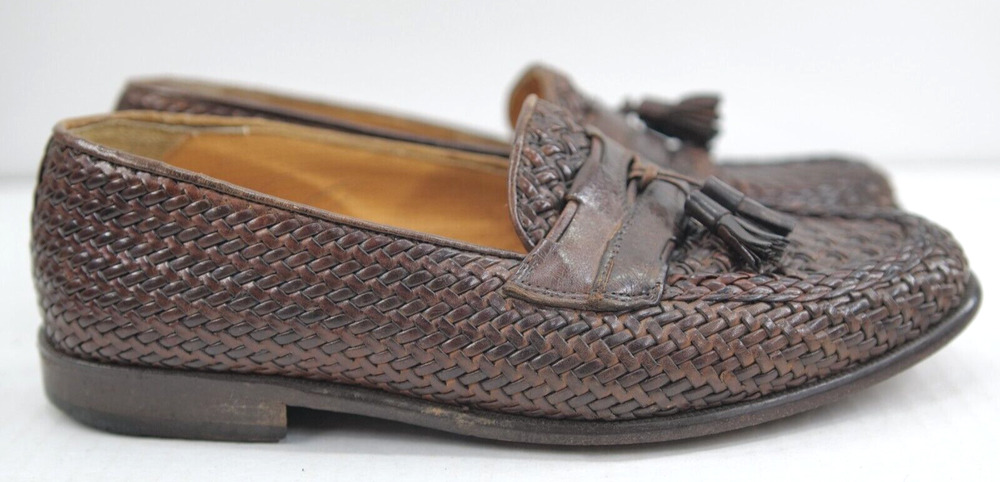 Vintage Bally Woven Leather Lisbon Italy Dress Shoes Men size 7.5 Brown Loafers